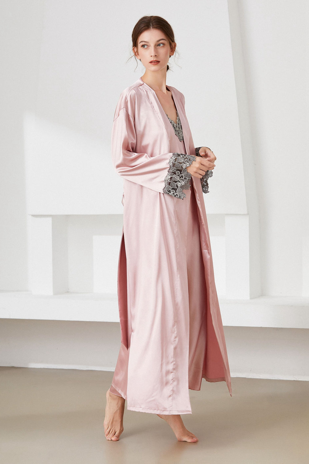 contrast lace trim satin night dress and robe set