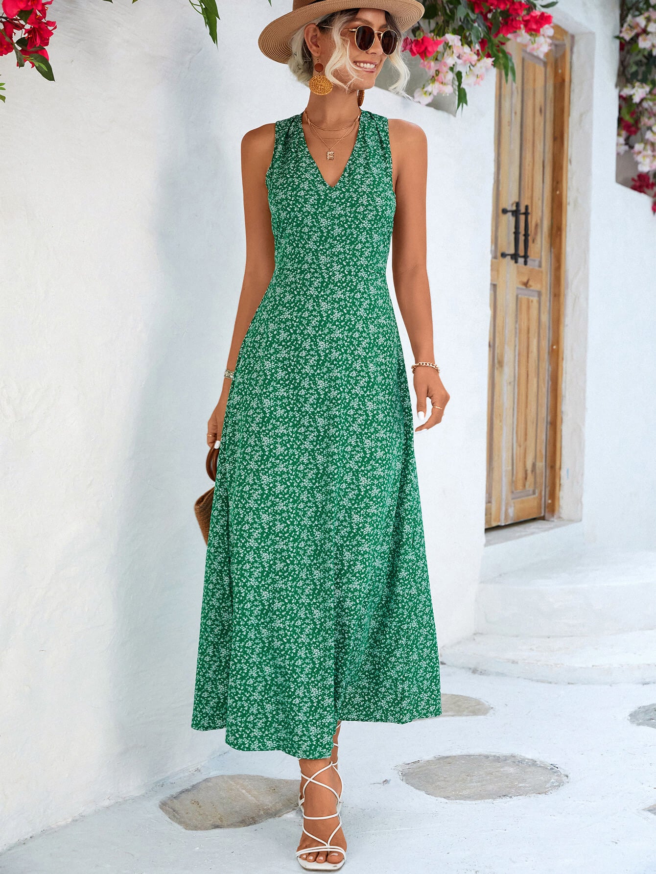 printed open back sleeveless maxi dress