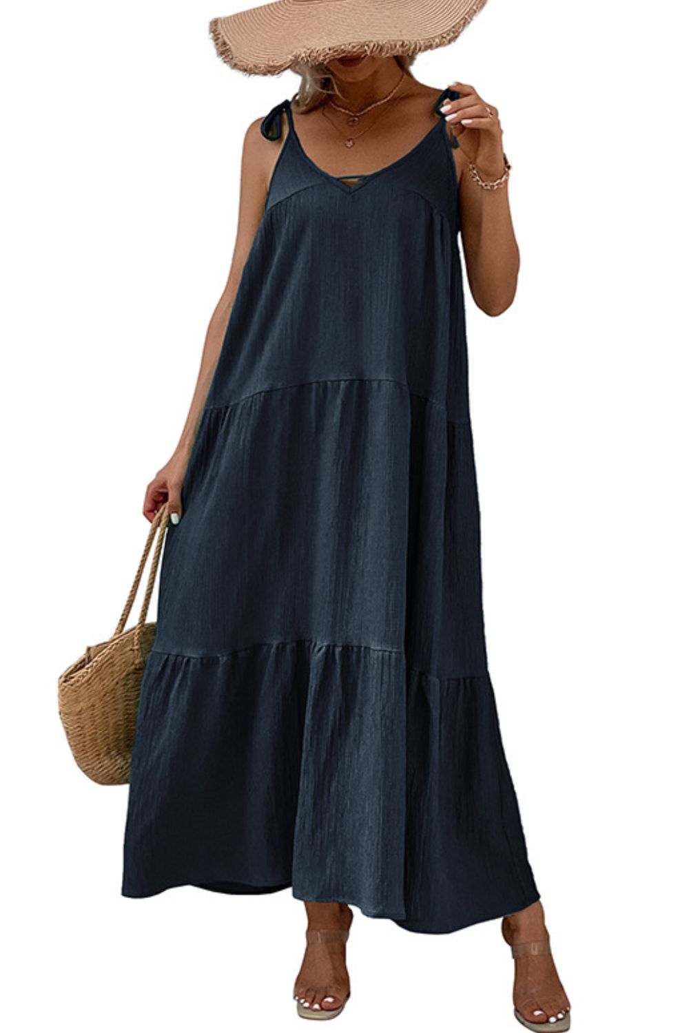 tie-shoulder tiered maxi dress