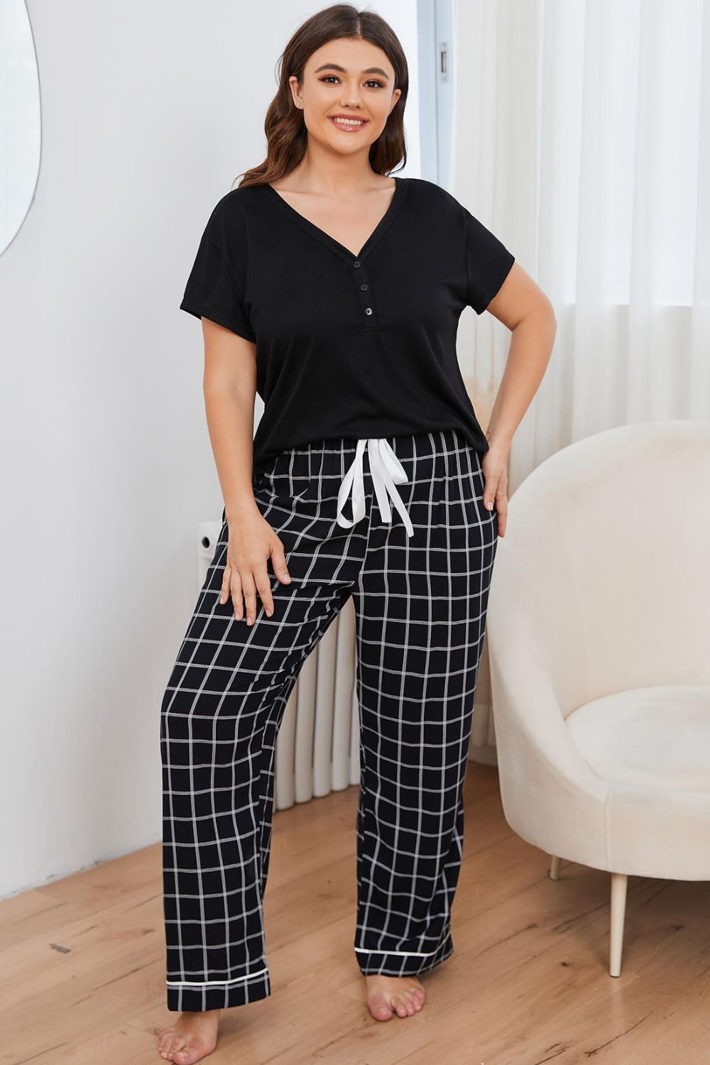 plus size v-neck top and plaid pants lounge set