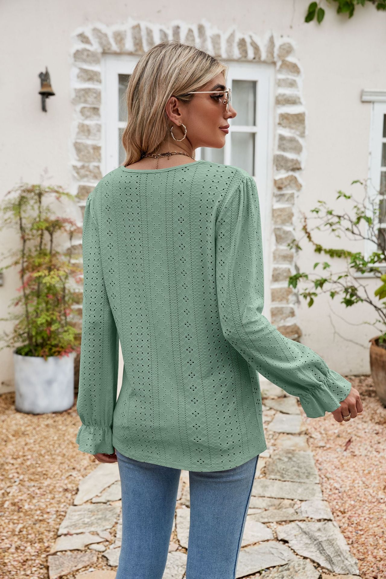 eyelet lace trim flounce sleeve blouse