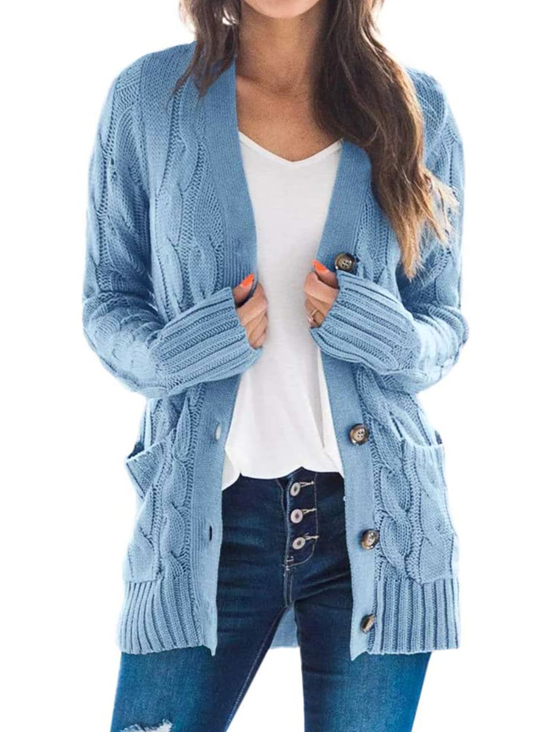 cable-knit buttoned cardigan with pockets