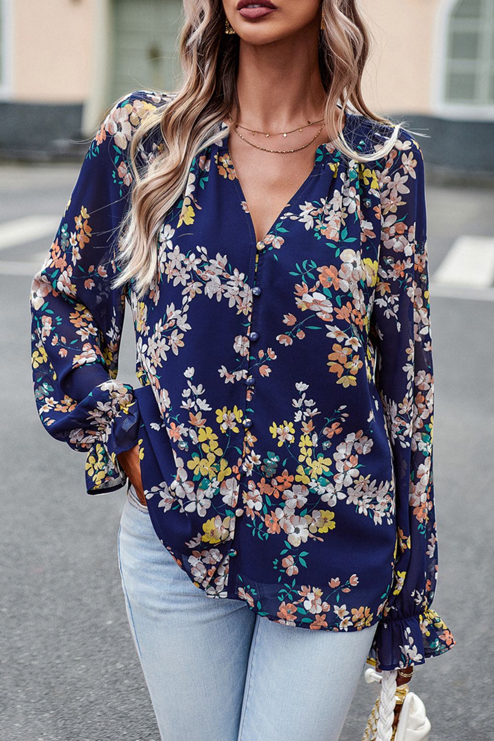 floral print flounce sleeve blouse