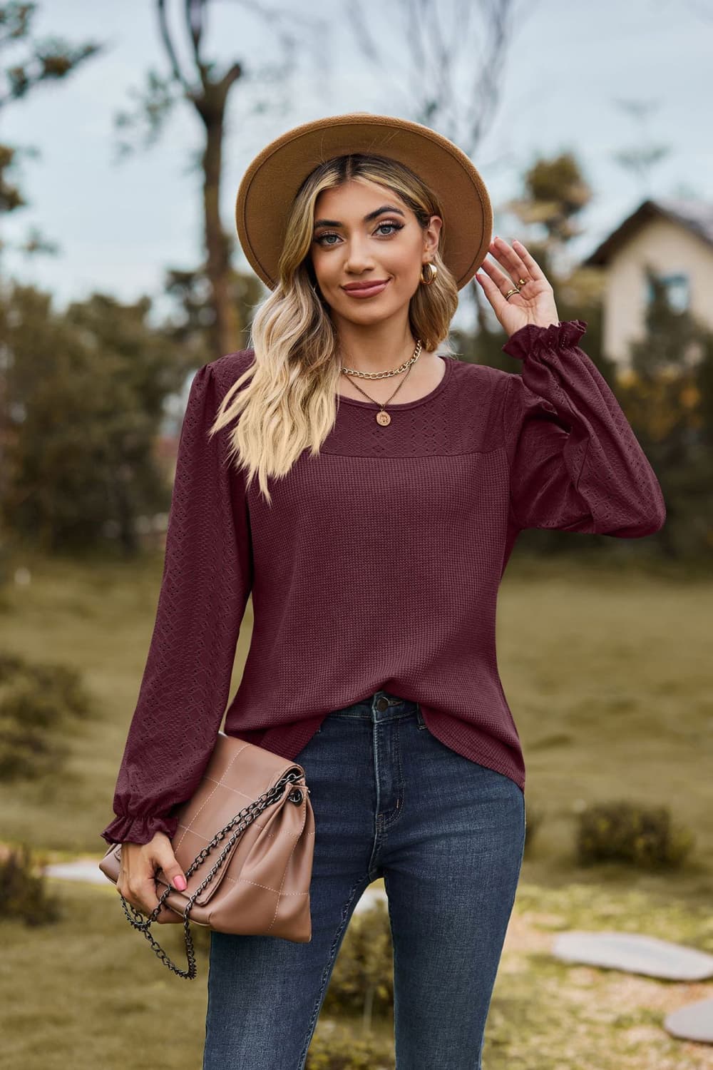 round neck puff sleeve blouse