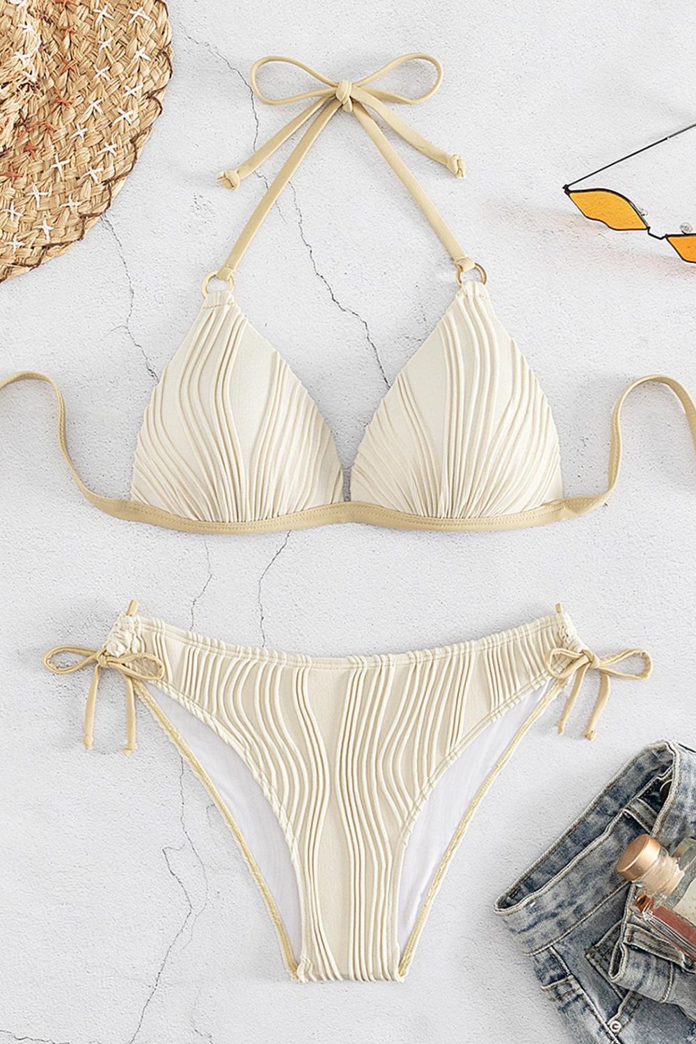 textured halter neck bikini set