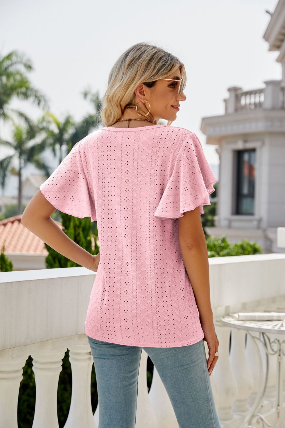 eyelet flutter sleeve round neck top