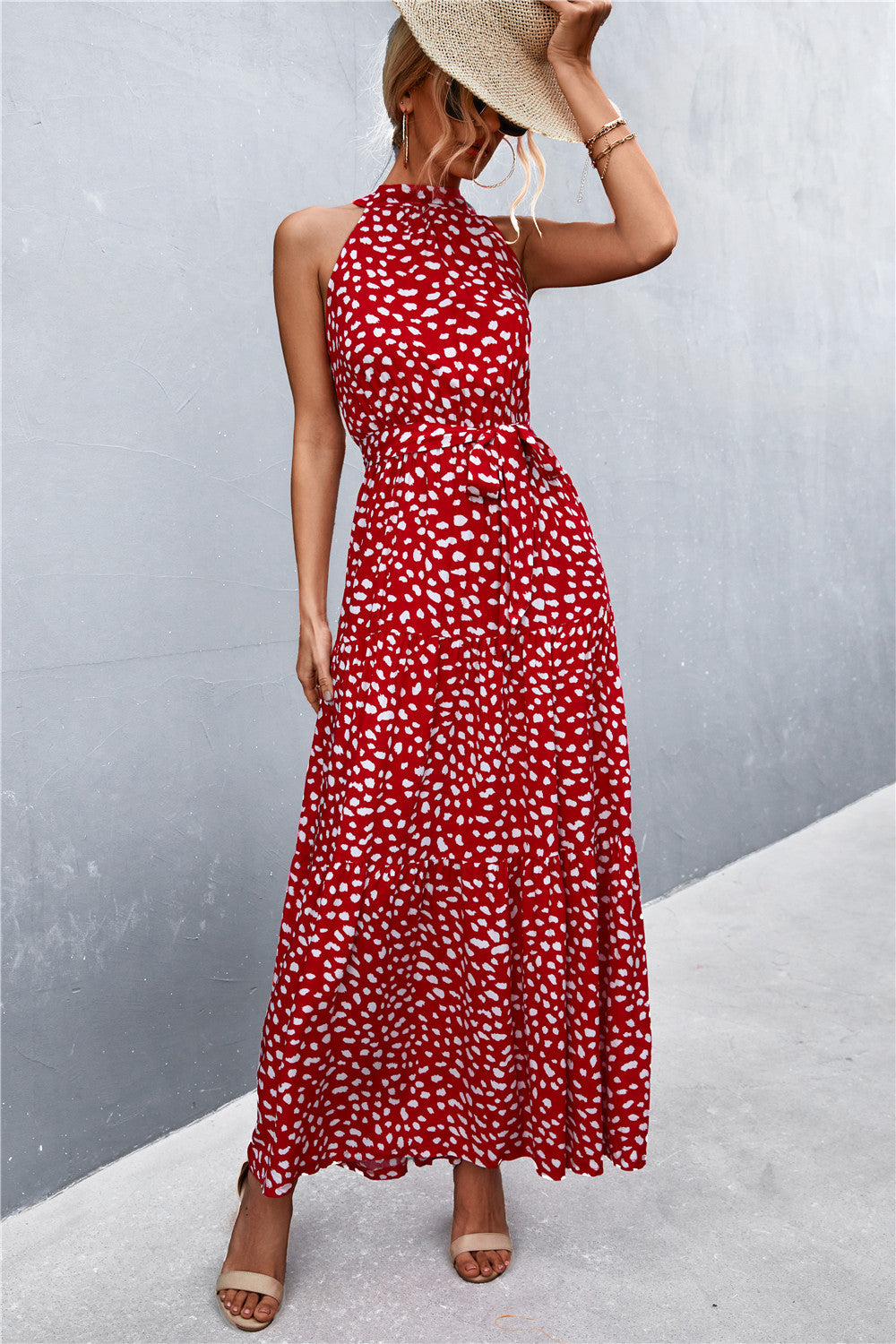 printed sleeveless tie waist maxi dress