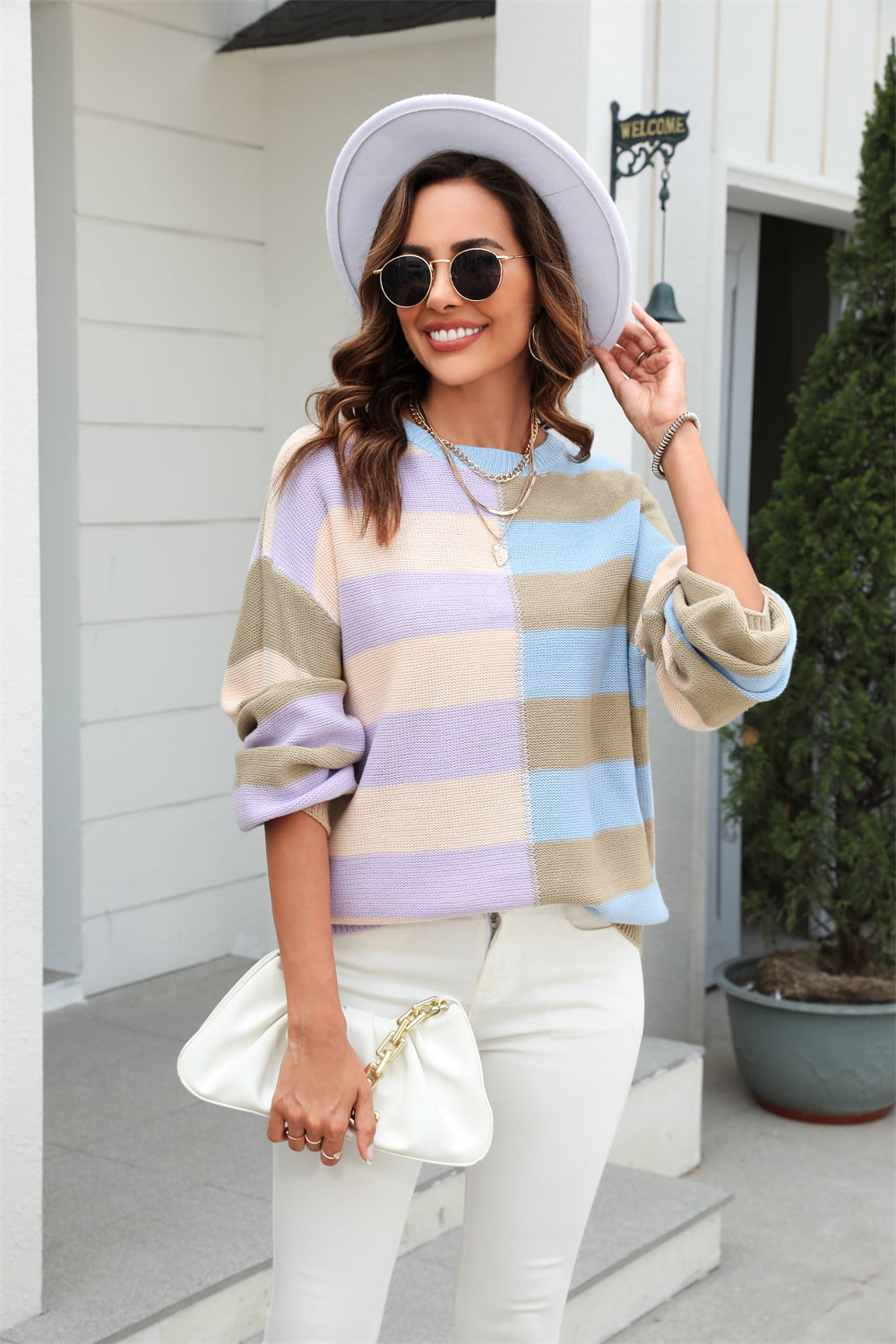 round neck long sleeve color block dropped shoulder pullover sweater
