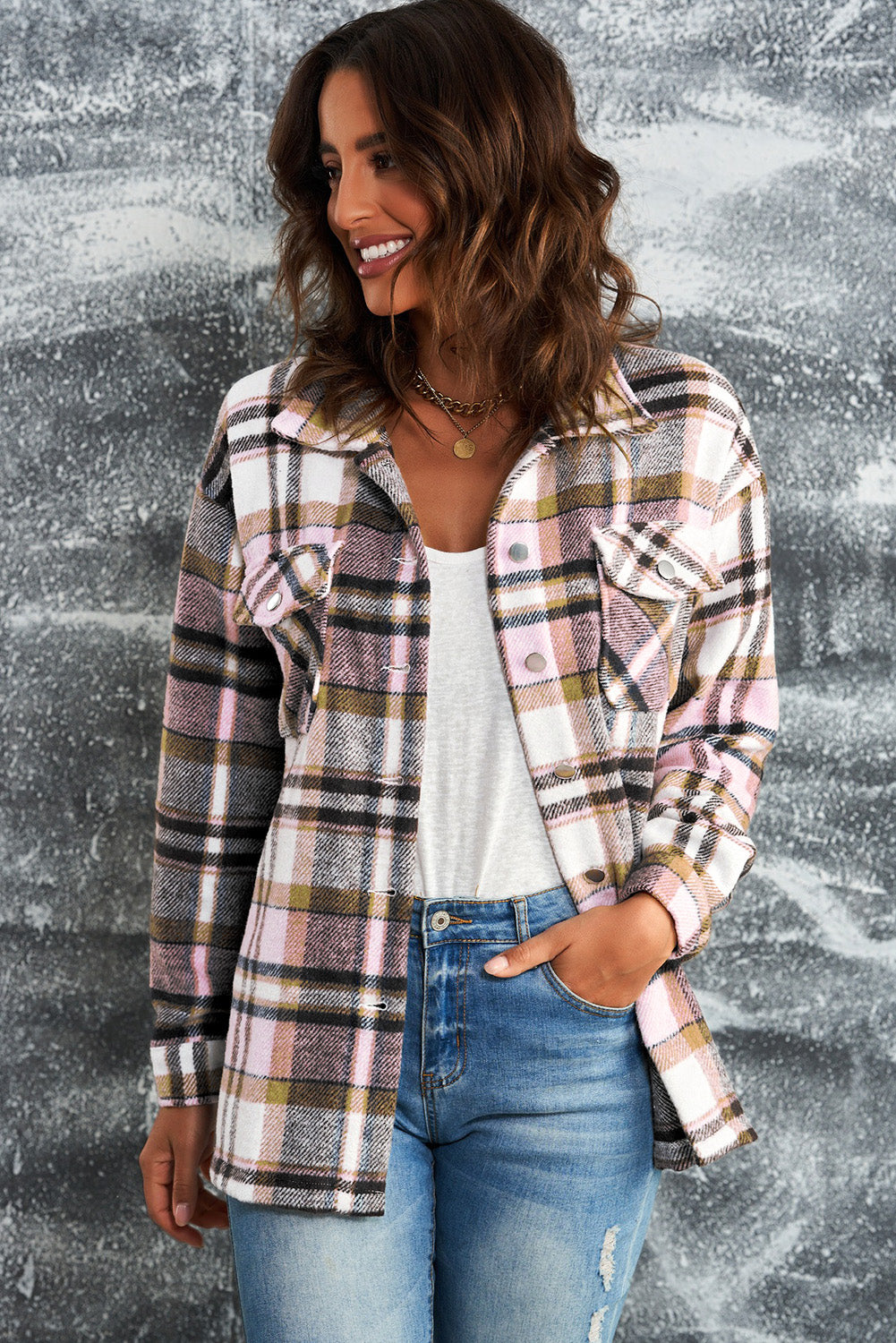 double take plaid button front shirt jacket with breast pockets