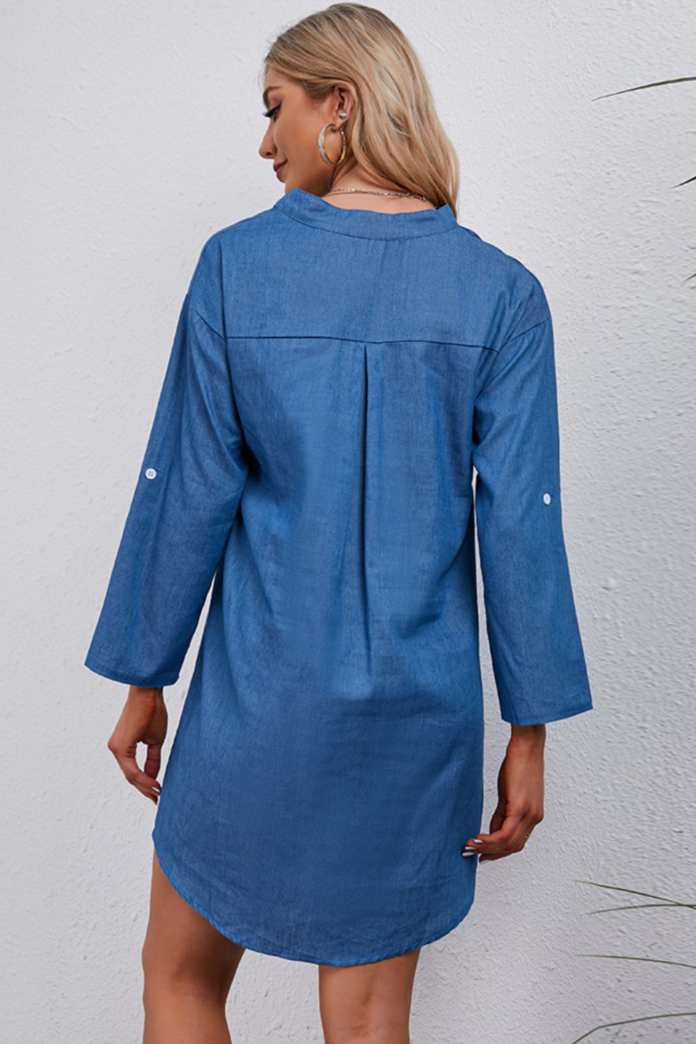 half-button notched neck high-low denim dress