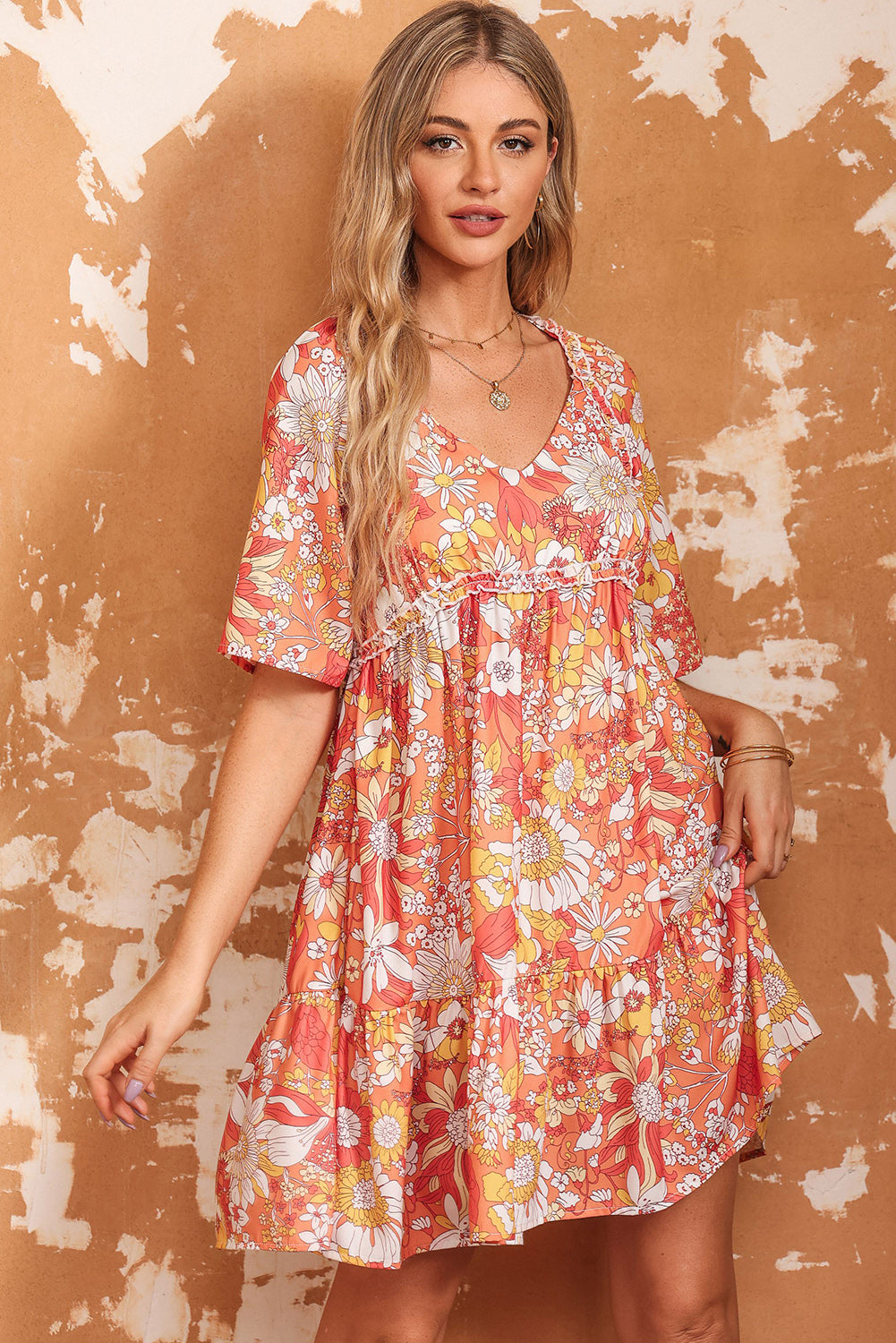 floral print v-neck short sleeve frill trim mini dress