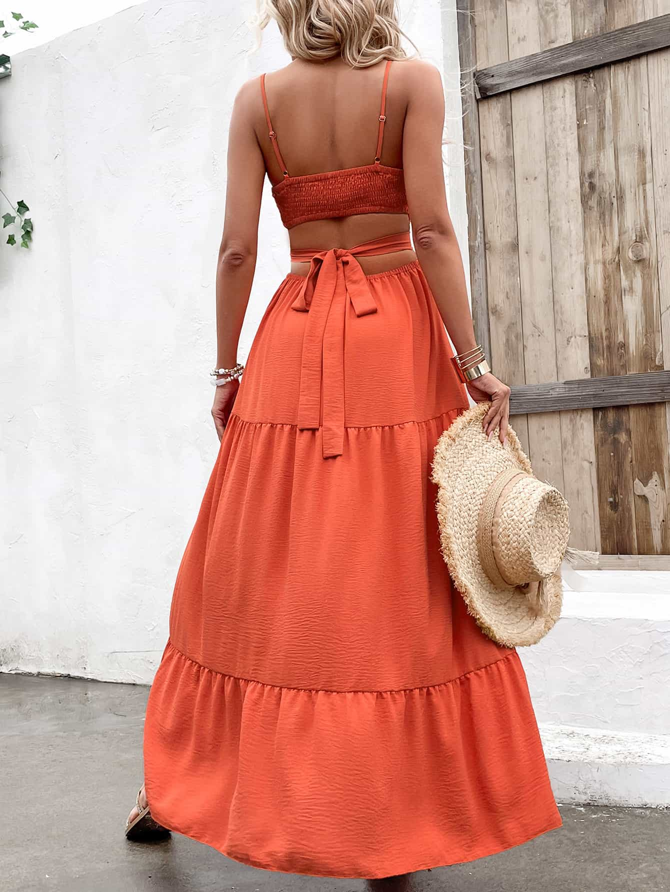 spaghetti strap cutout tie back maxi dress