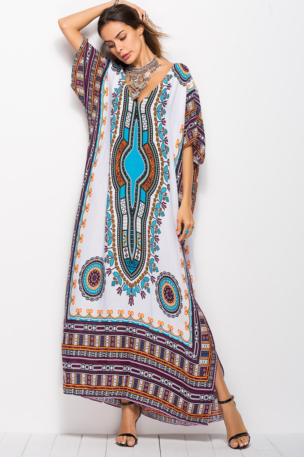 printed v-neck side slit maxi dress