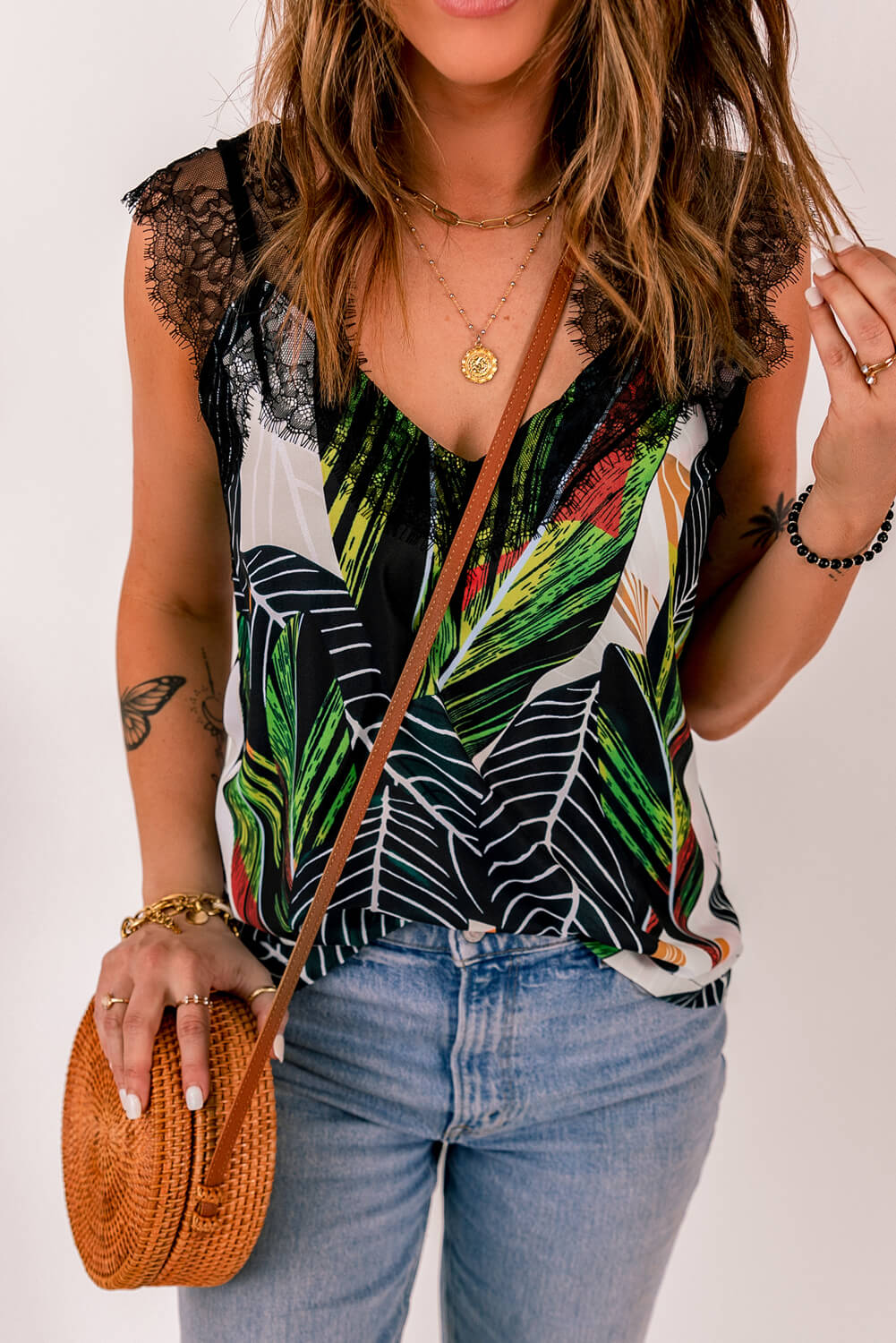 printed lace detail tank