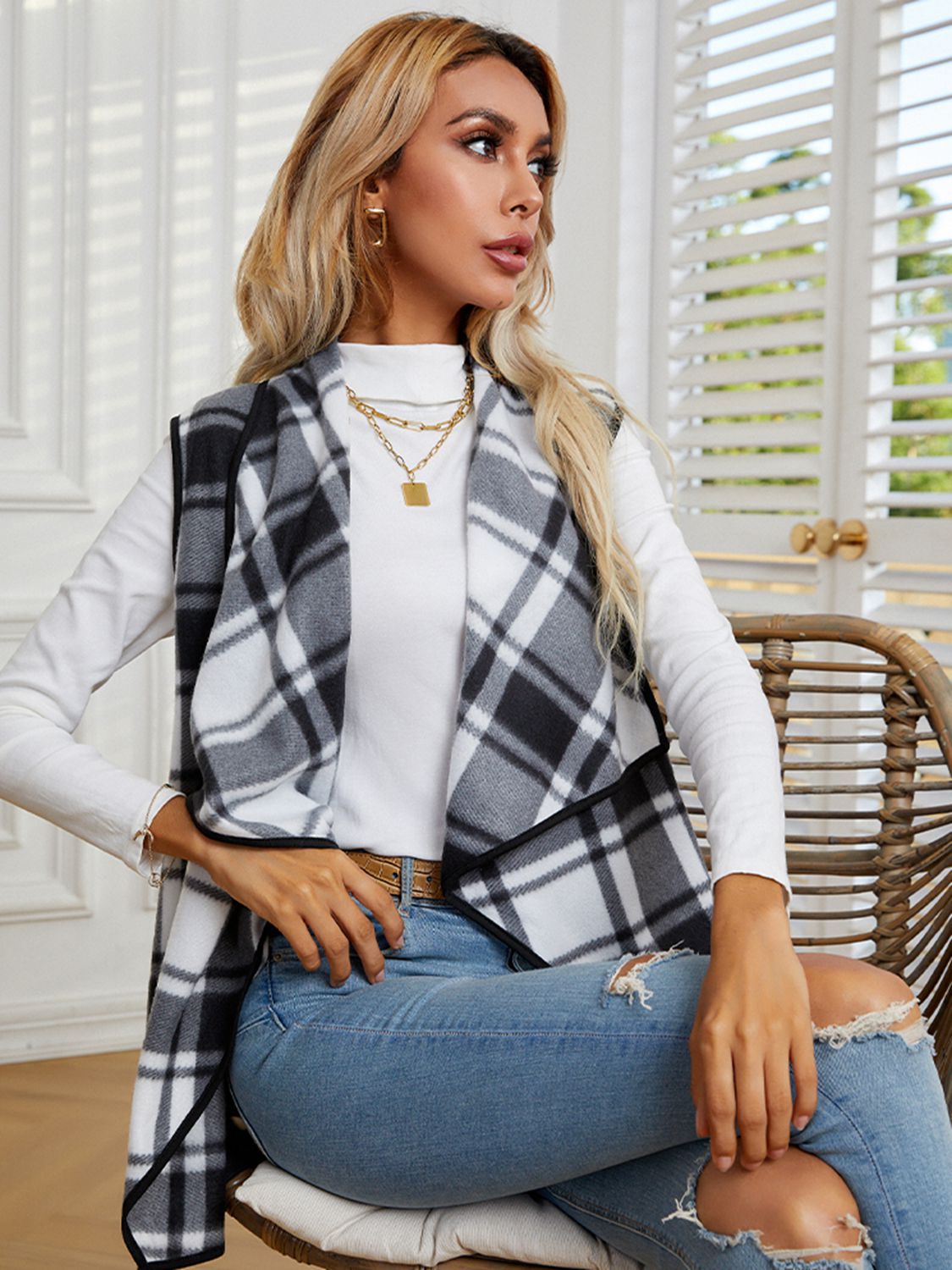 plaid open front vest