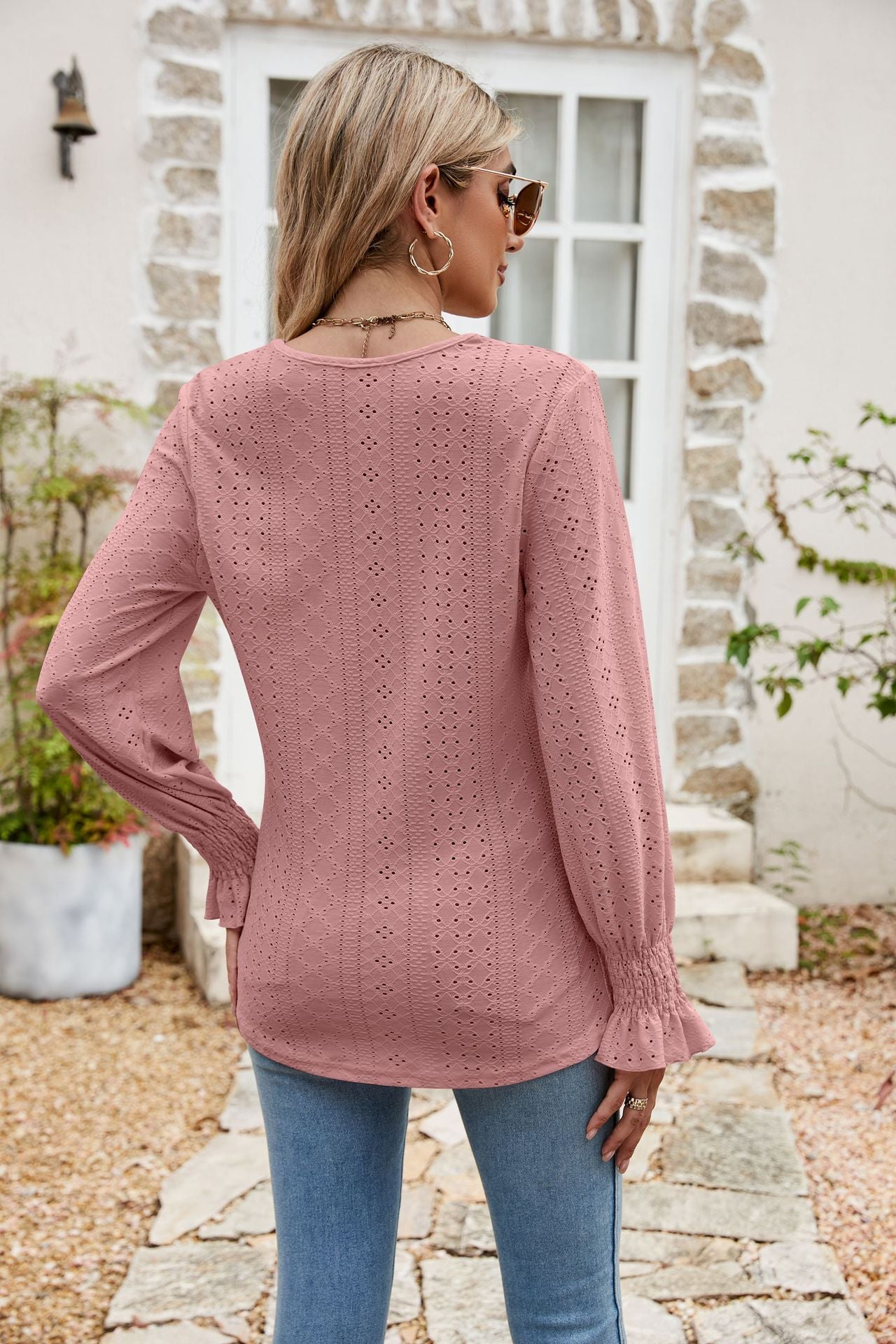 eyelet flounce sleeve v-neck blouse