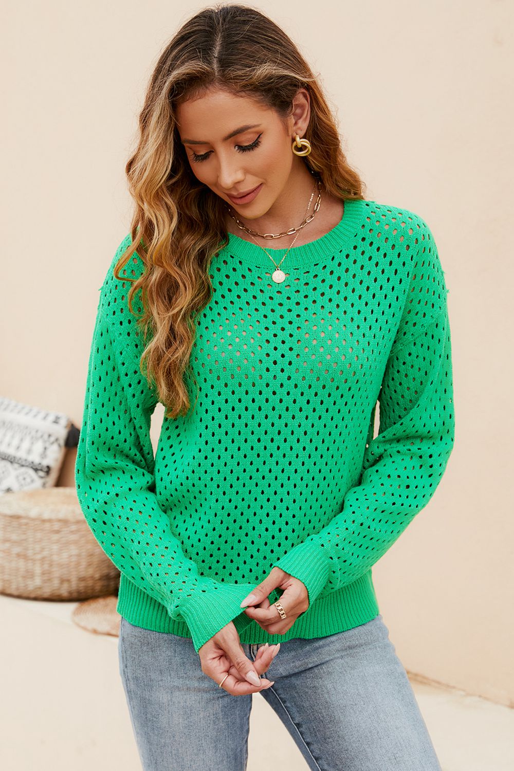 round neck openwork dropped shoulder knit top