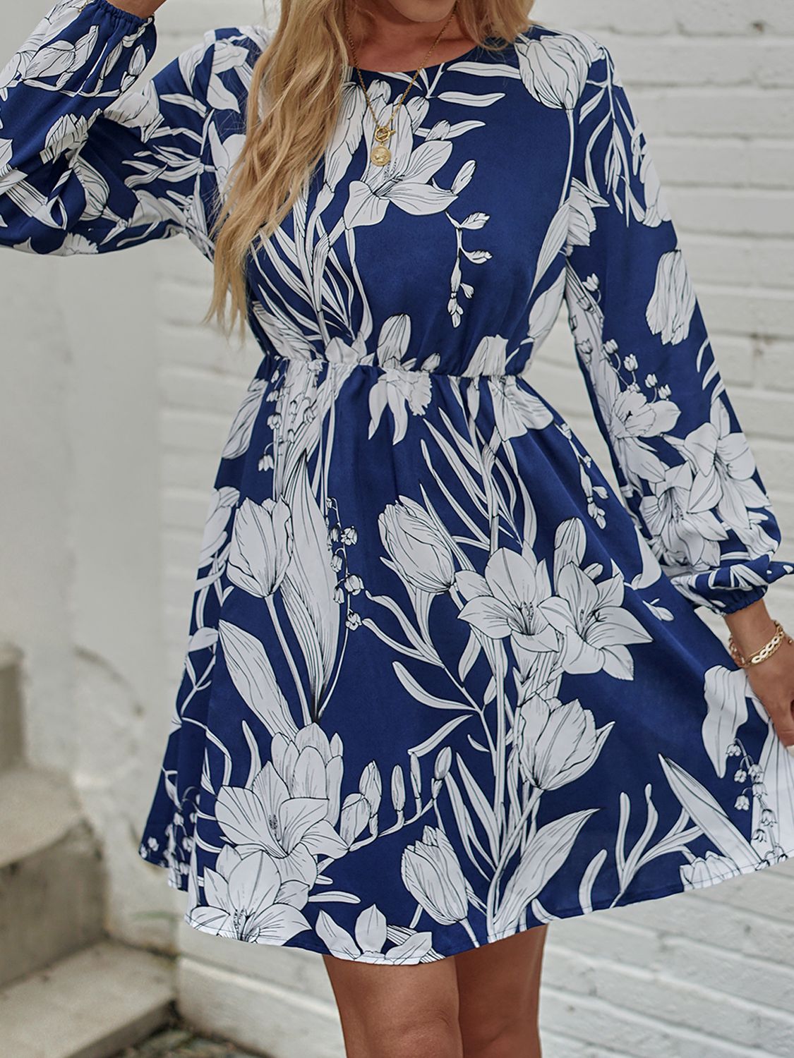 floral round neck long sleeve mini dress