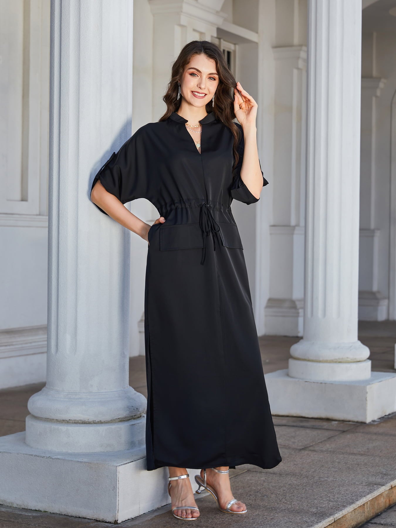 high slit roll-tab sleeve notched neck maxi dress