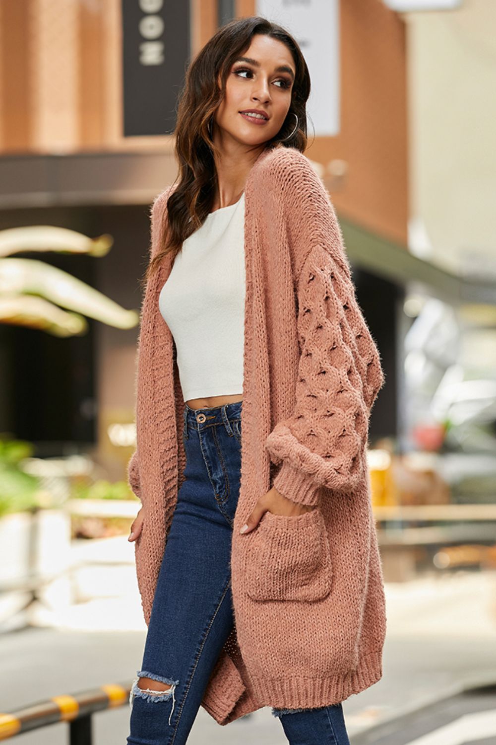 open front ribbed trim duster cardigan