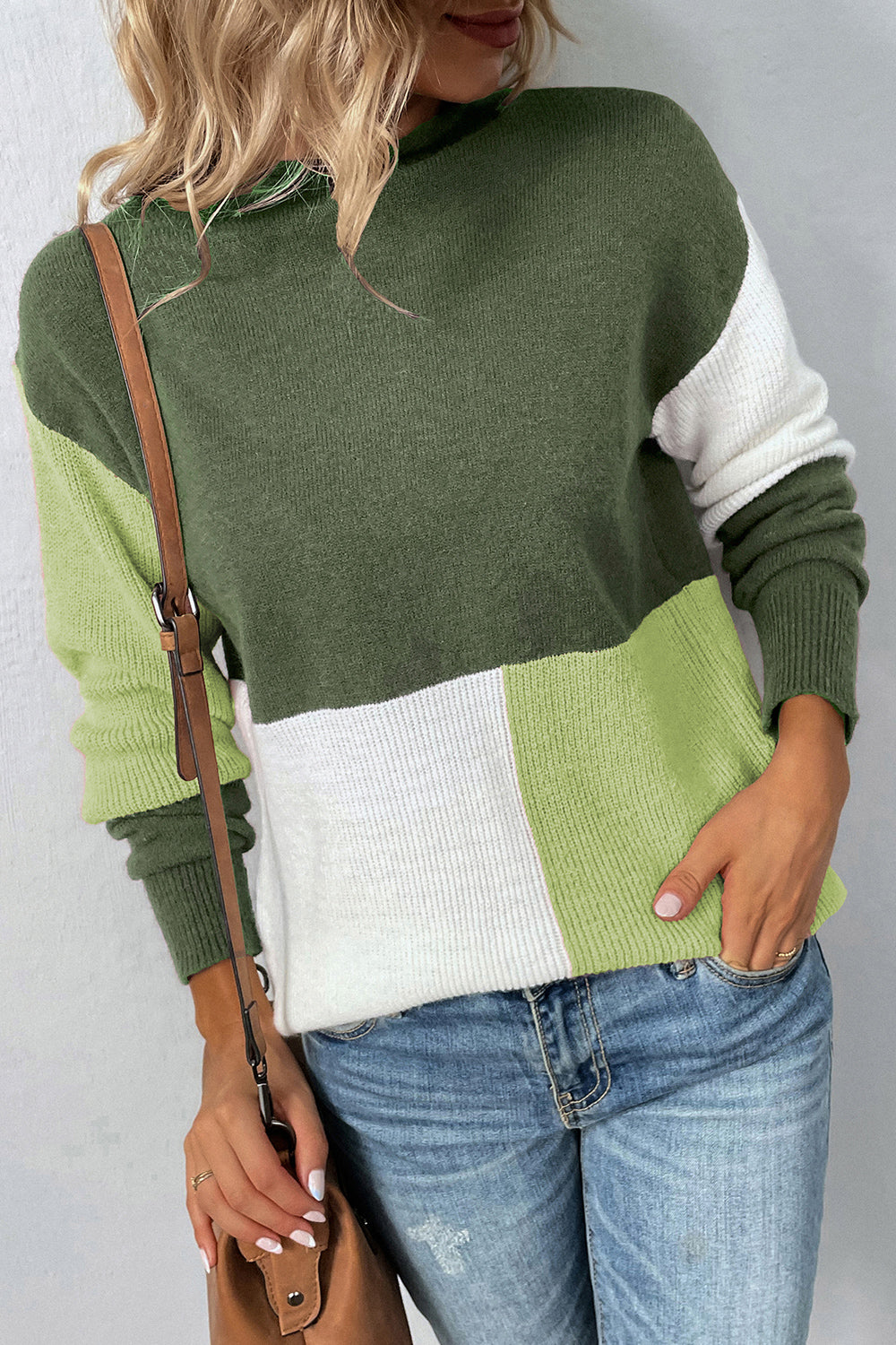 color block round neck dropped shoulder sweater