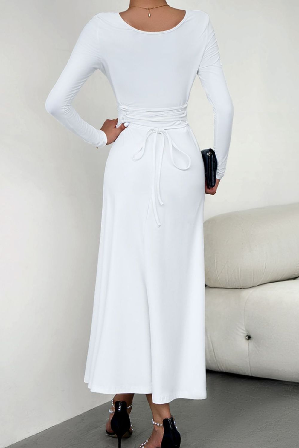 scoop neck long sleeve lace-up maxi dress