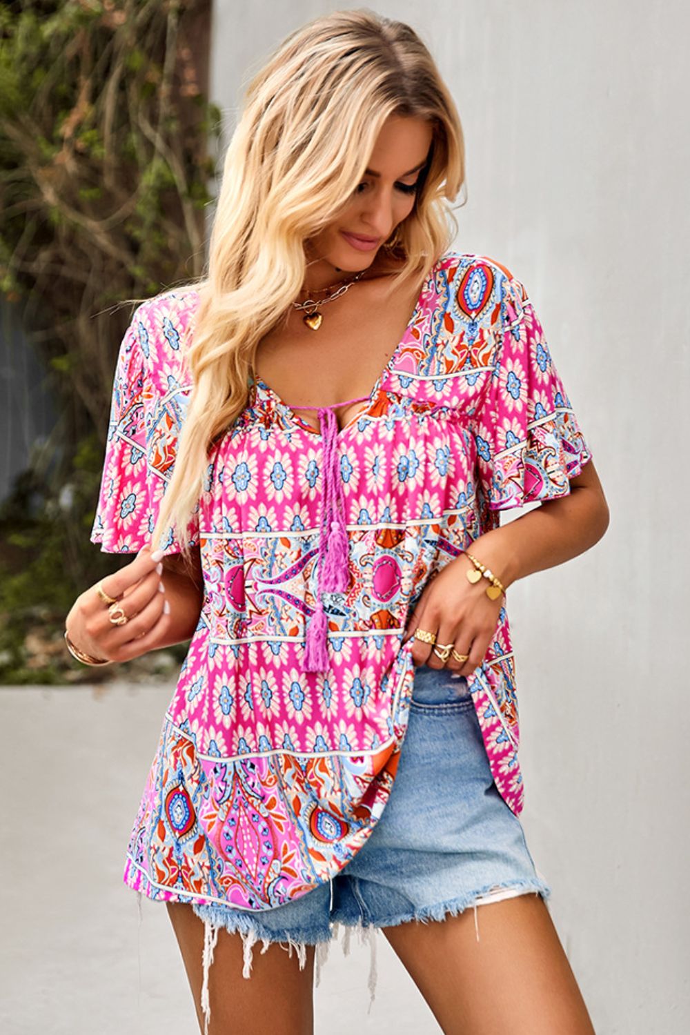 bohemian tied flutter sleeve blouse