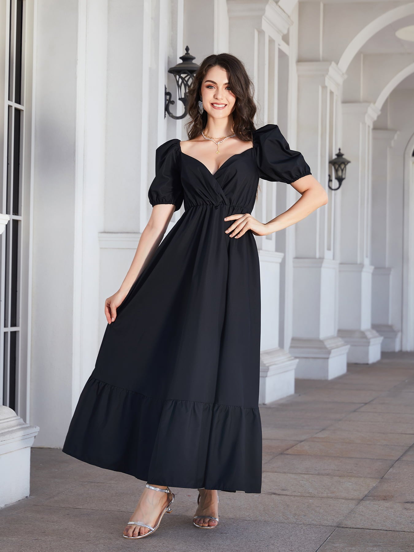 surplice neck ruffle hem balloon sleeve maxi dress