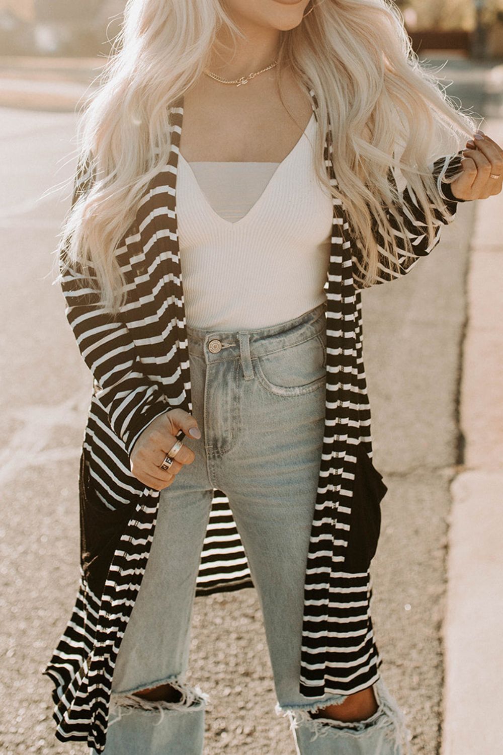 striped long sleeve cardigan with pocket