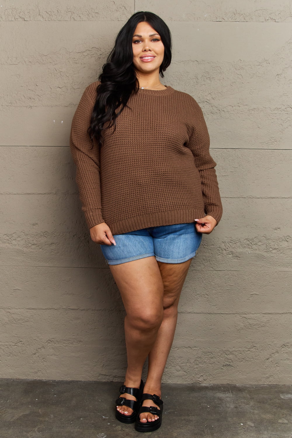 zenana breezy days plus size high low waffle knit sweater