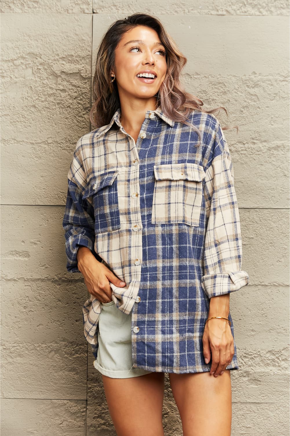 plaid dropped shoulder shirt jacket