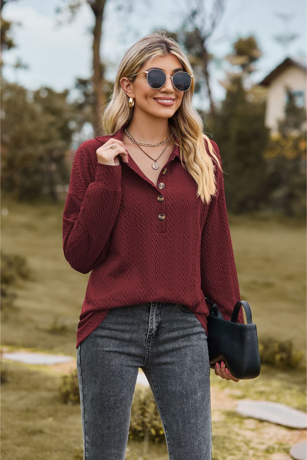 collared neck long sleeve blouse