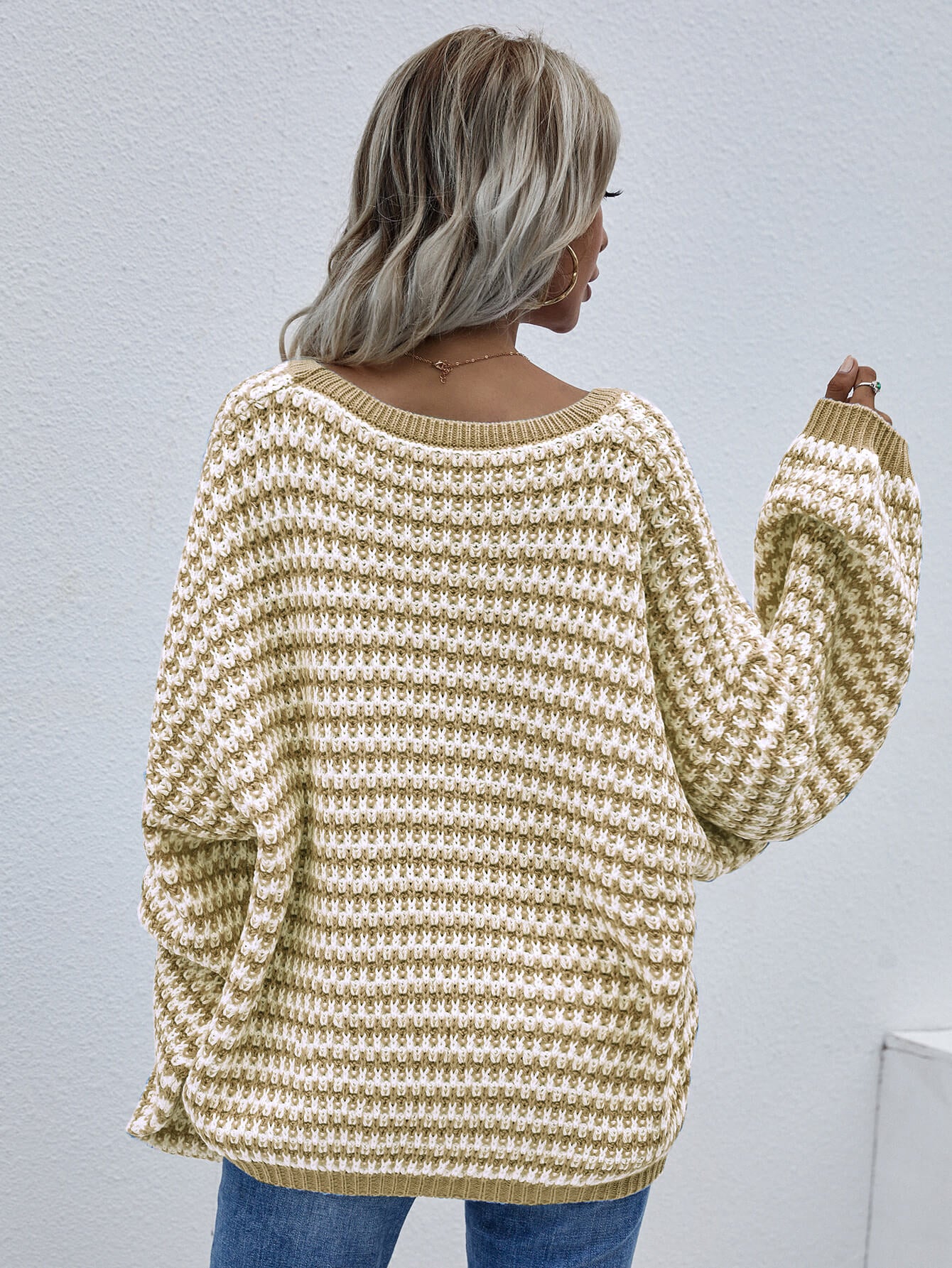 striped drop shoulder v-neck pullover sweater