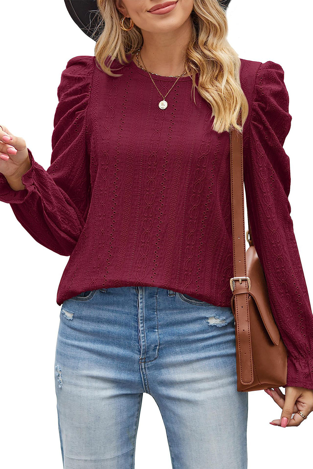 round neck puff sleeve blouse