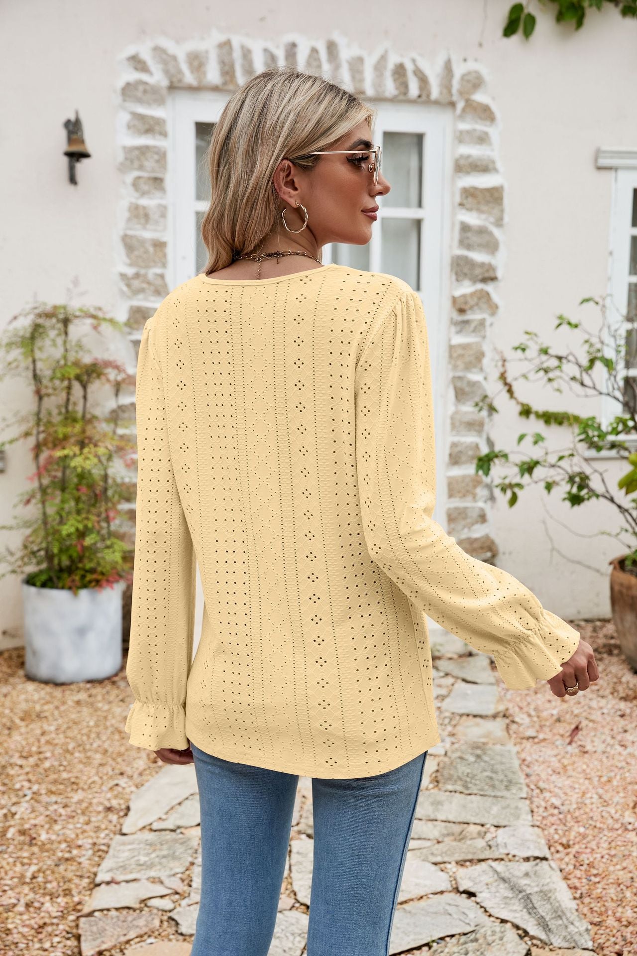 eyelet lace trim flounce sleeve blouse