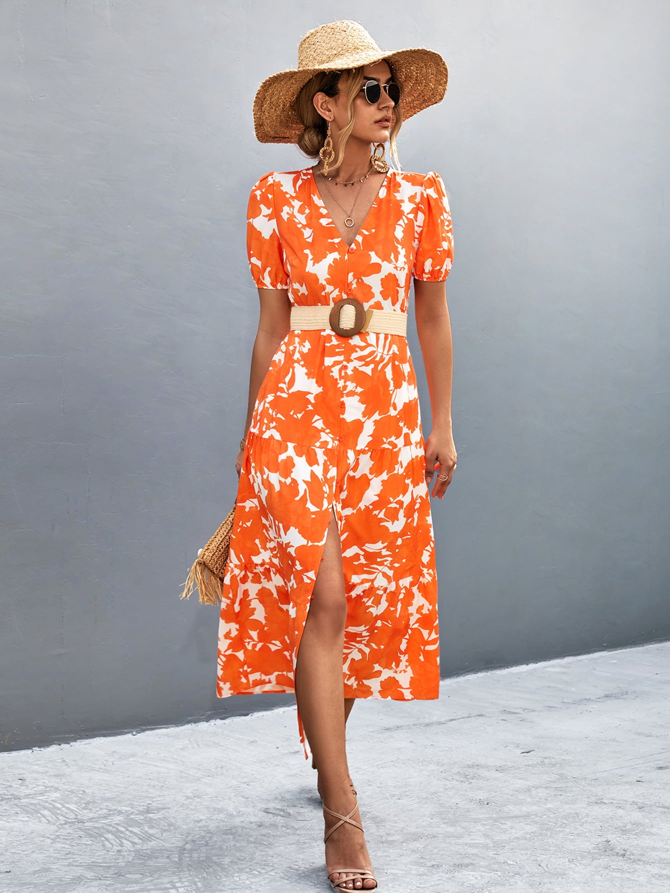 v-neck short sleeve high slit midi dress