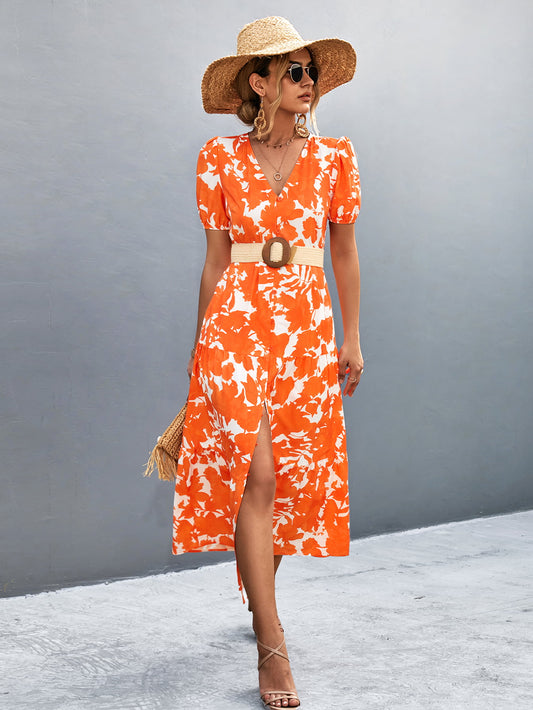 V-Neck Short Sleeve High Slit Midi Dress