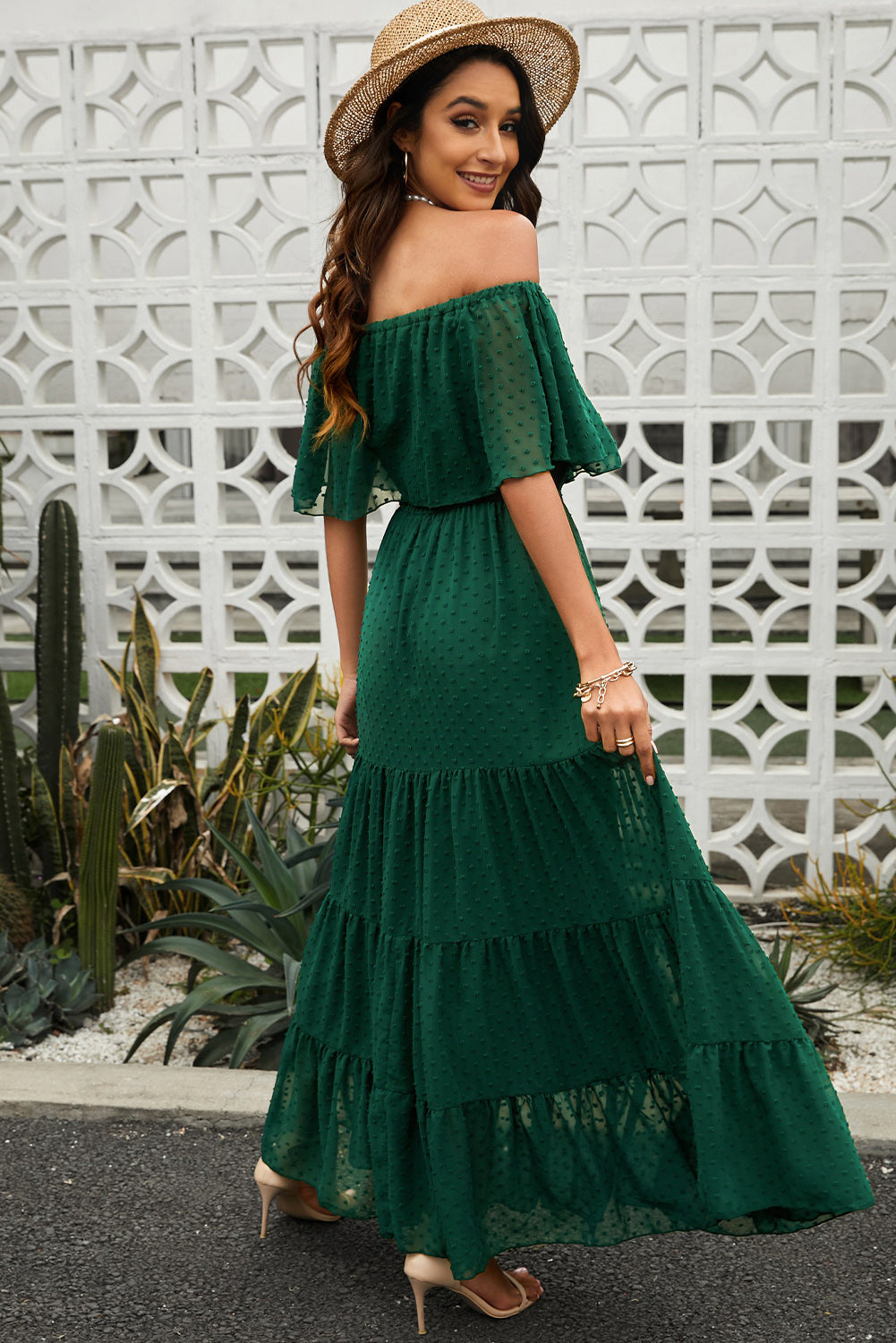 swiss dot off-shoulder tiered maxi dress