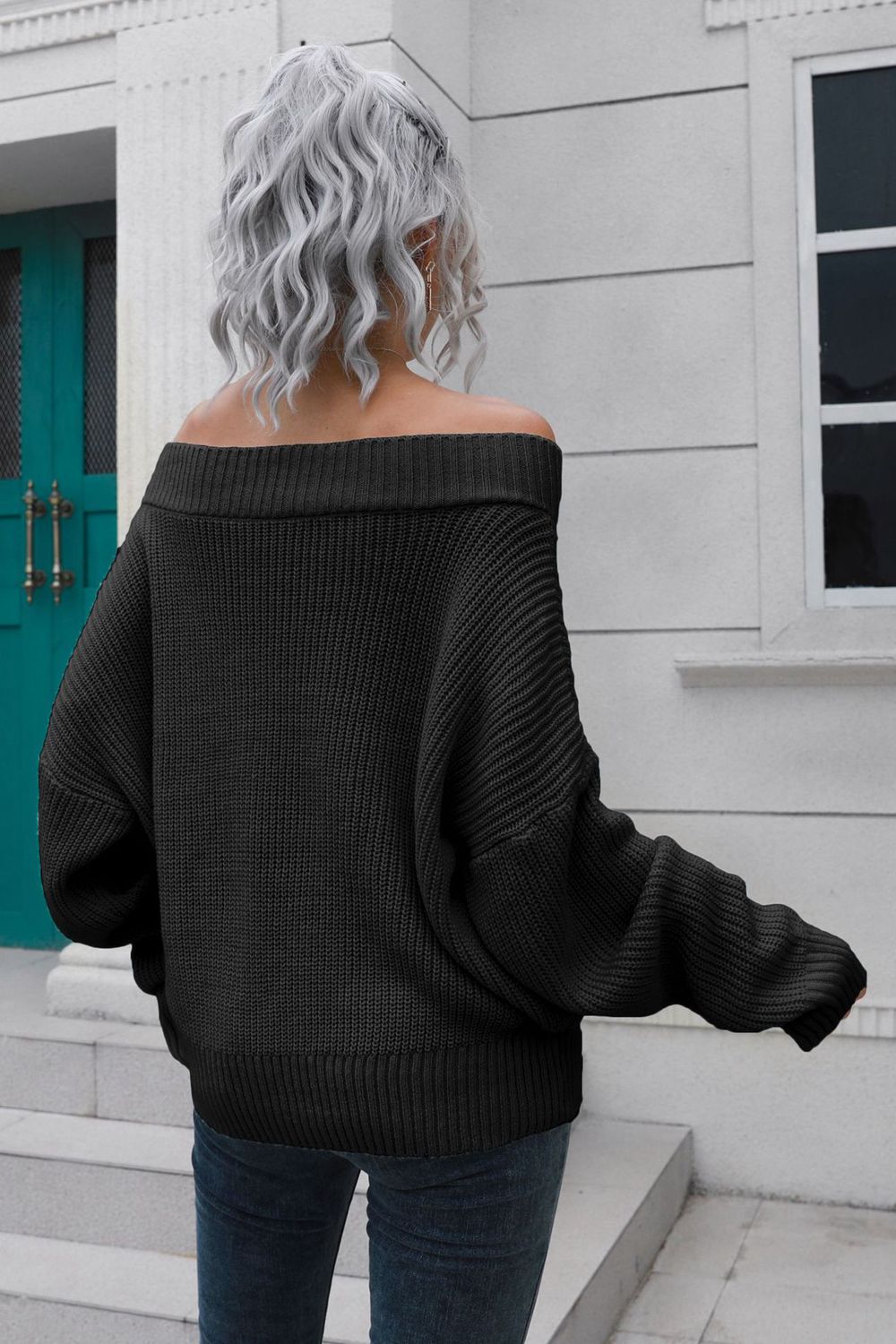 off-shoulder ribbed long sleeve pullover sweater