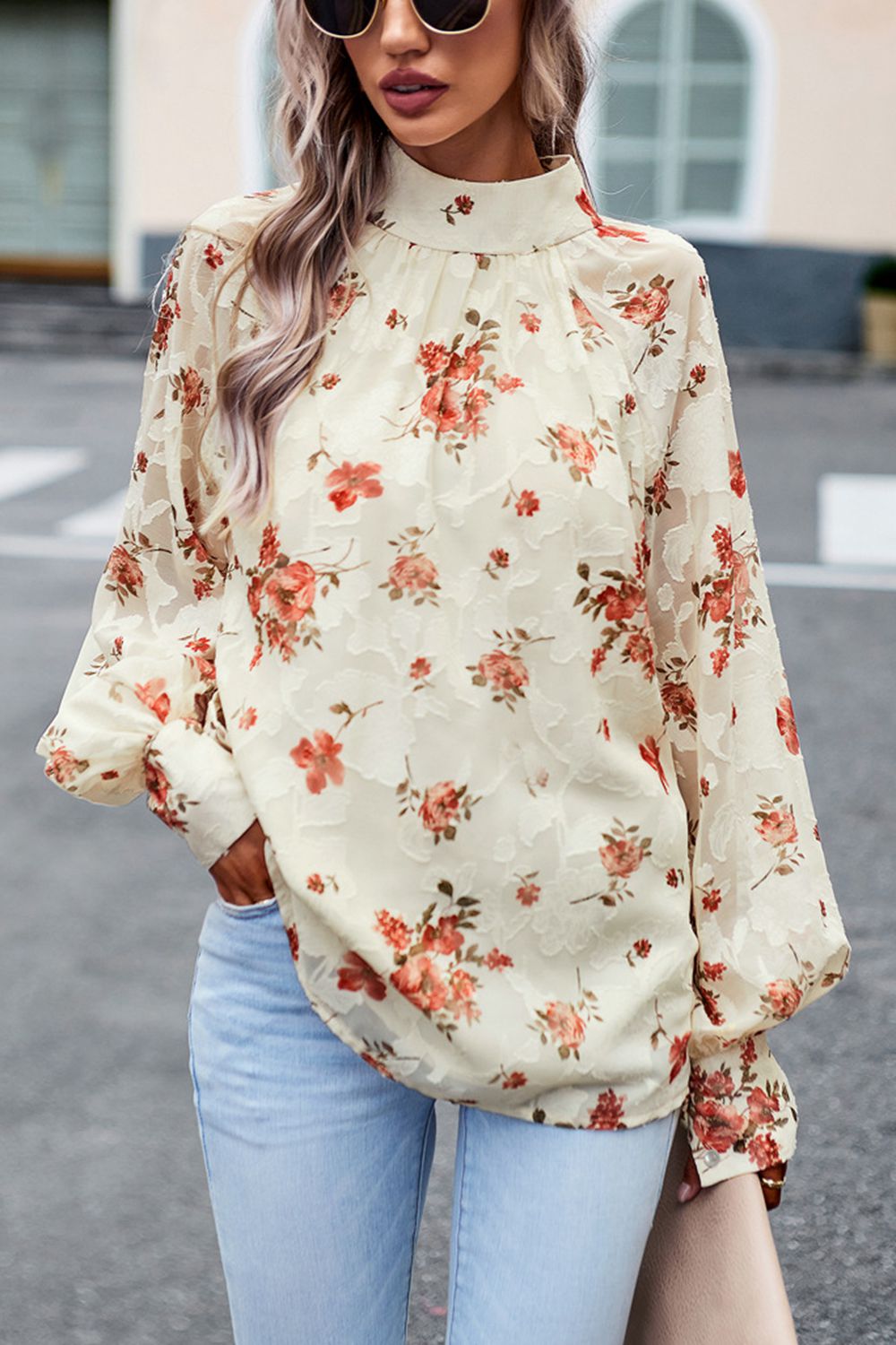floral print mock neck lantern sleeve blouse