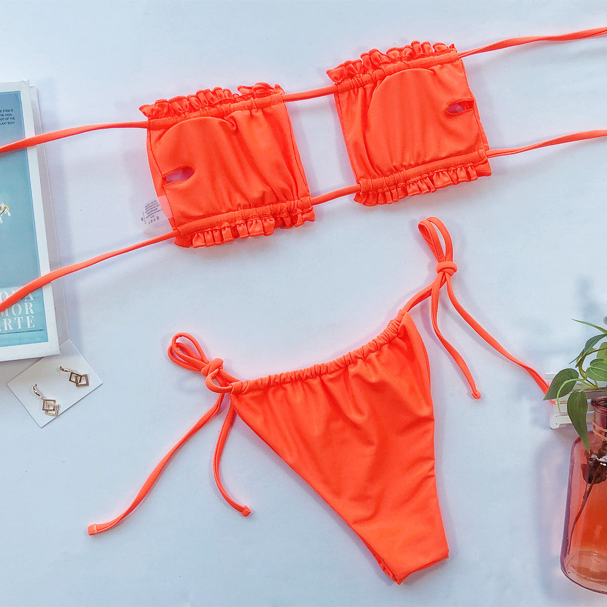 frill trim ruched bikini set