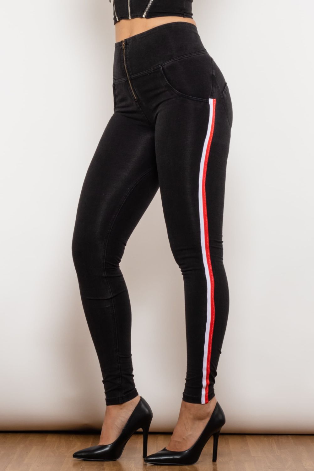 side stripe zip closure high waist jeans