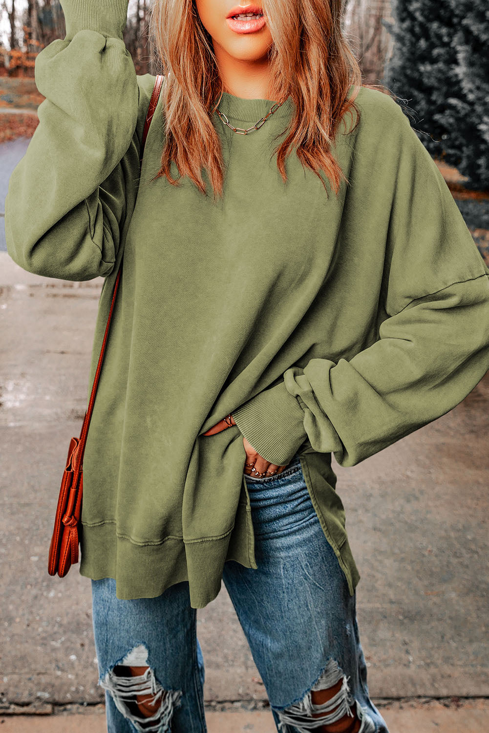 dropped shoulder round neck long sleeve blouse