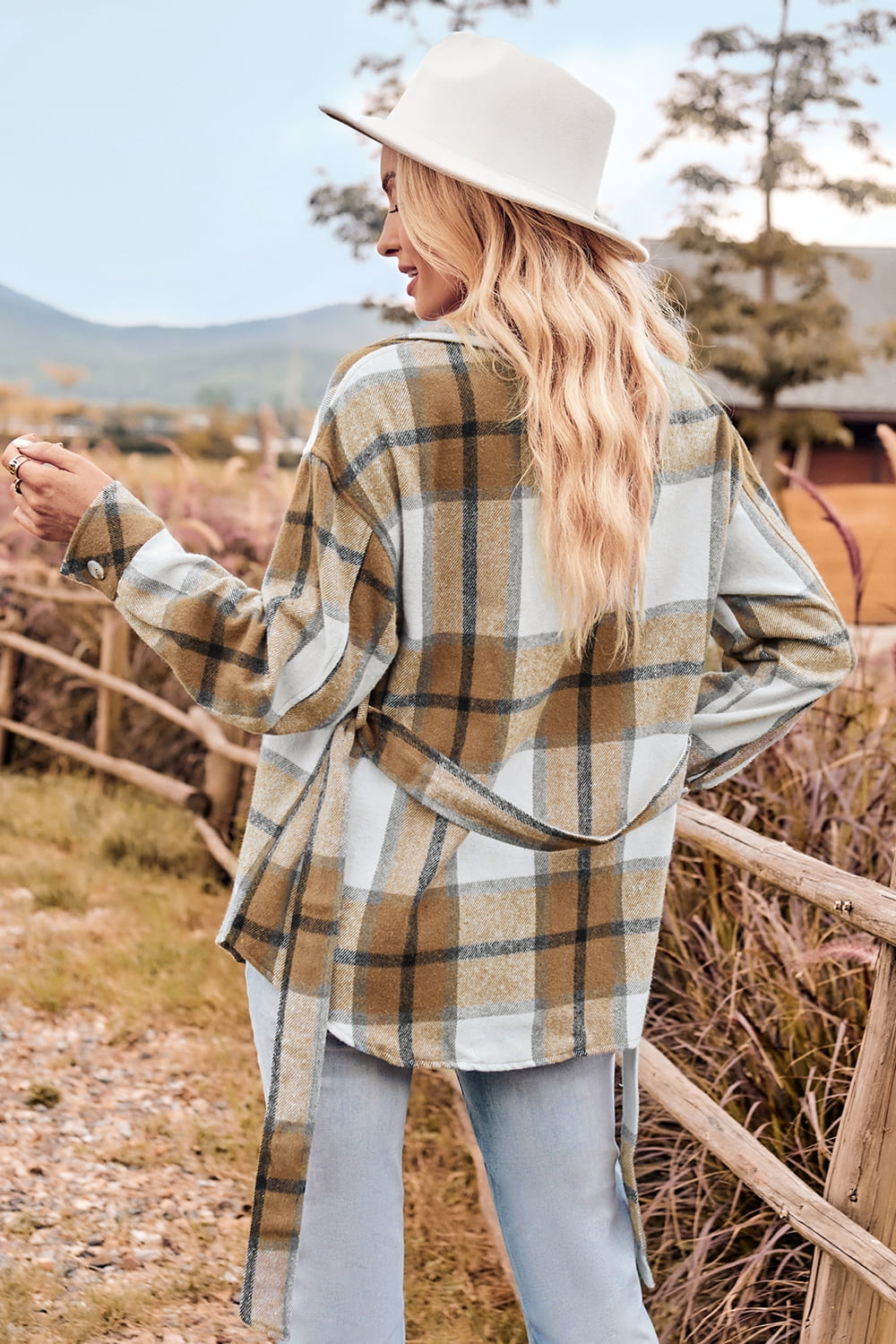 plaid collared neck bow front long sleeve jacket