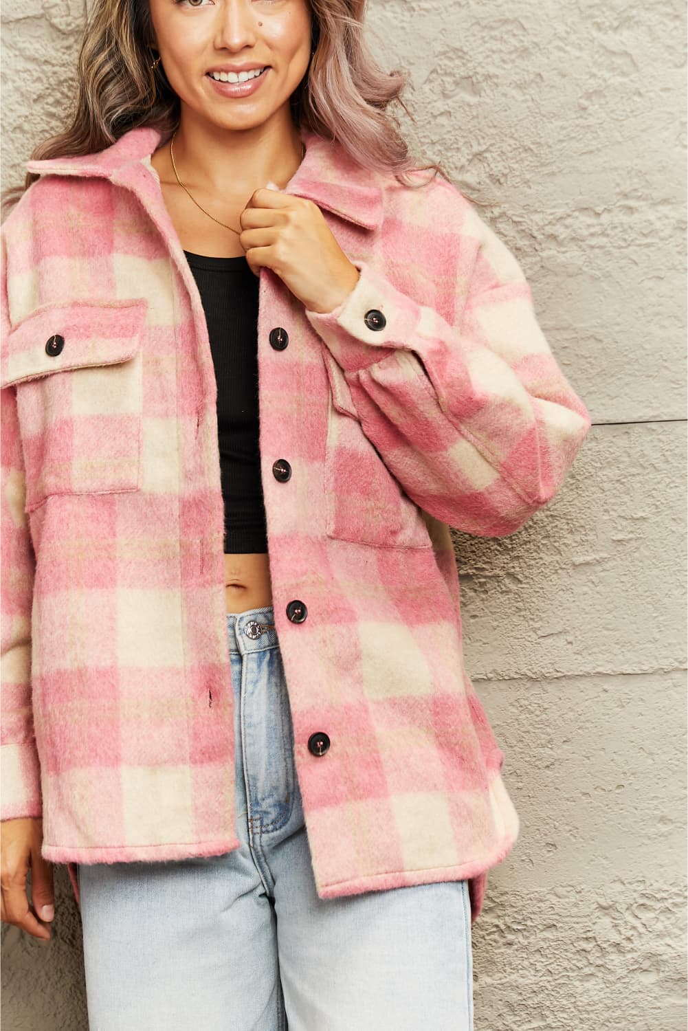 plaid collared neck button down jacket