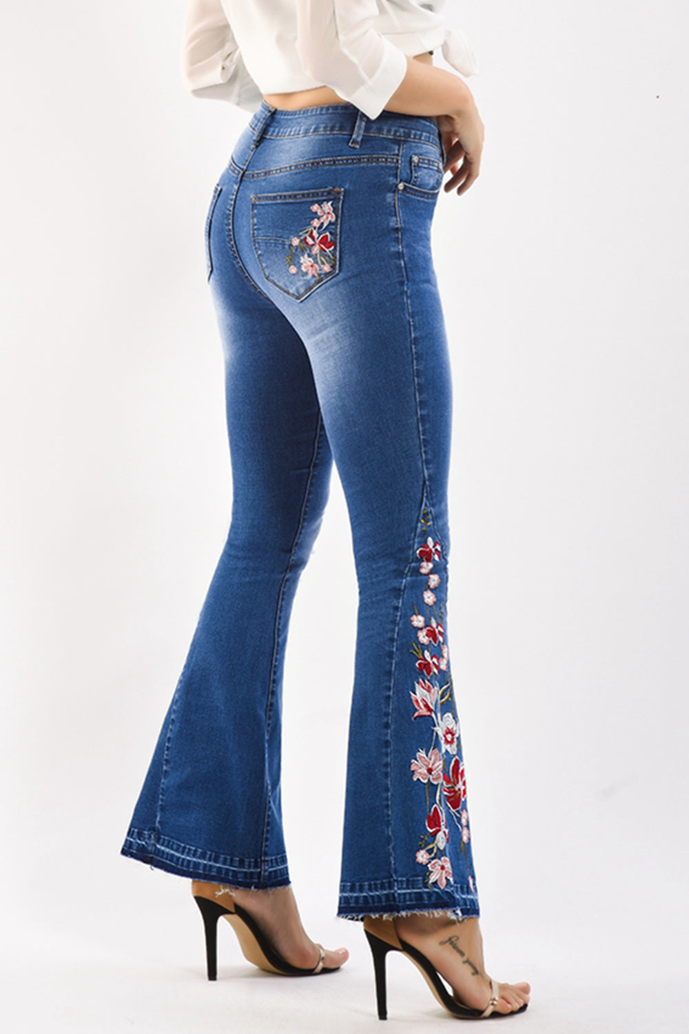 full size flower embroidery wide leg jeans