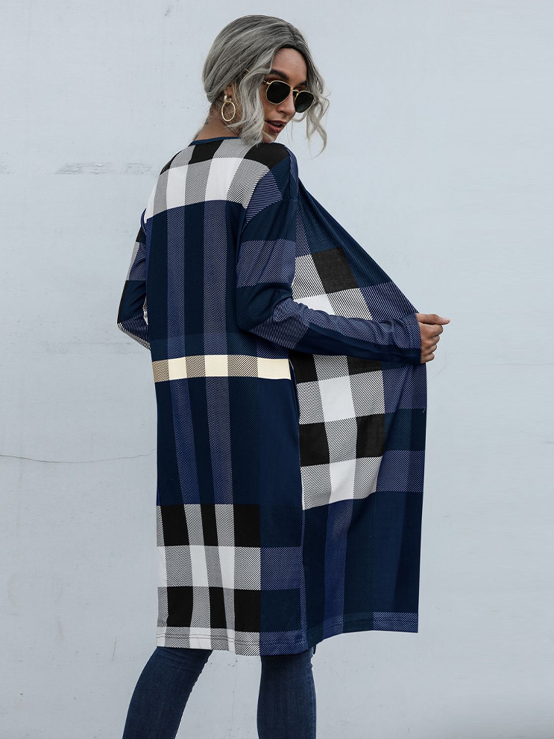 plaid open front longline cardigan