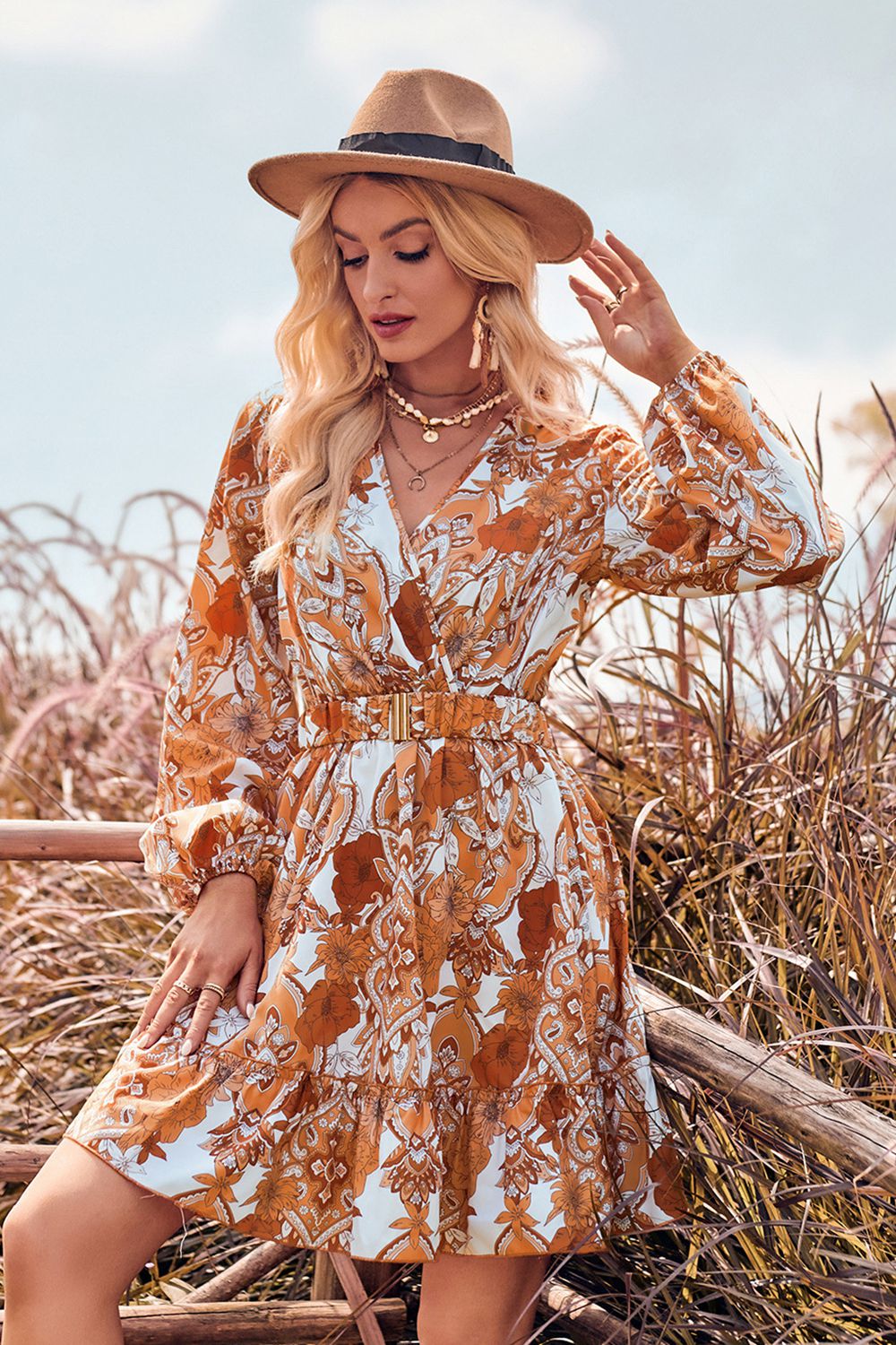 printed surplice neck long sleeve dress