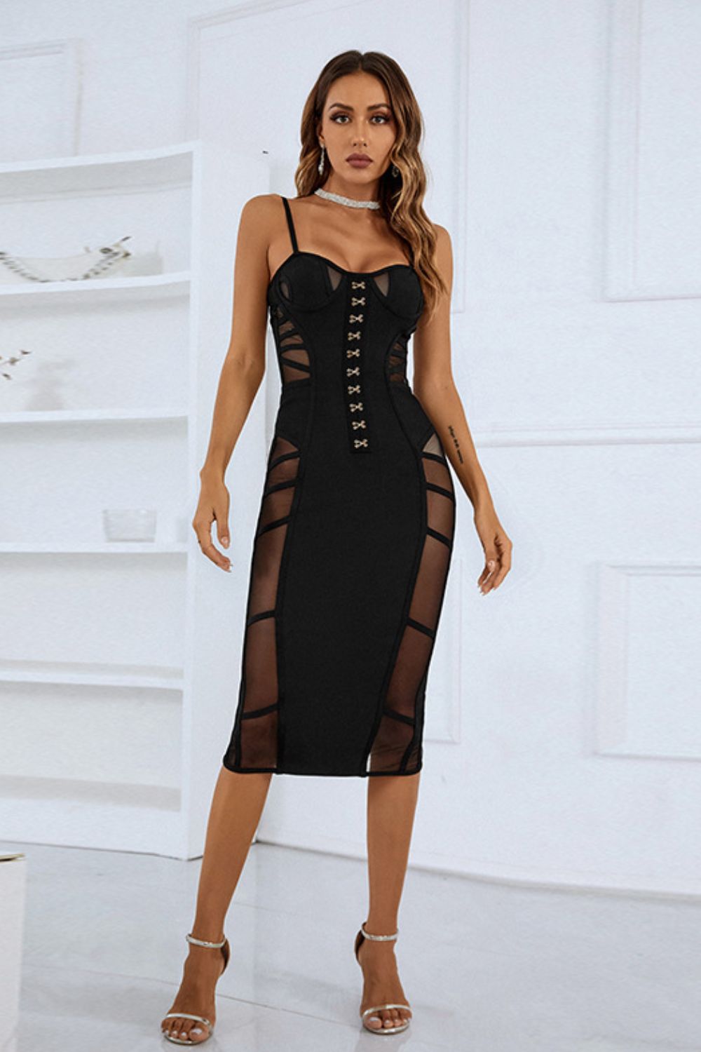 spaghetti strap spliced mesh slit back dress