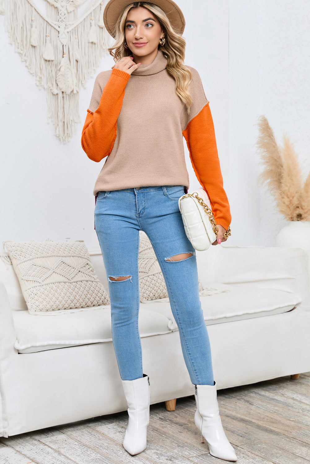 turtle neck dropped shoulder slit sweater